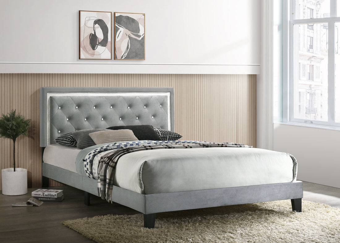 Passion Grey/White Velvet Platform Bed - Twin, Full, Queen, King