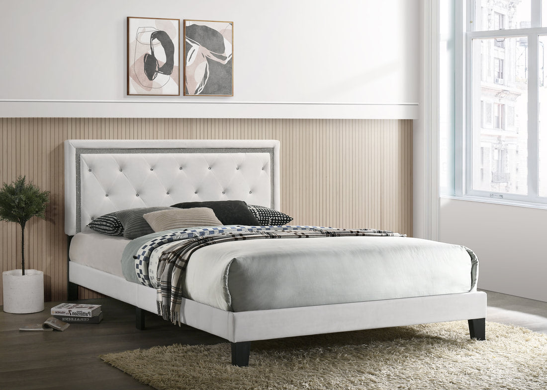 Passion Grey/White Velvet Platform Bed - Twin, Full, Queen, King